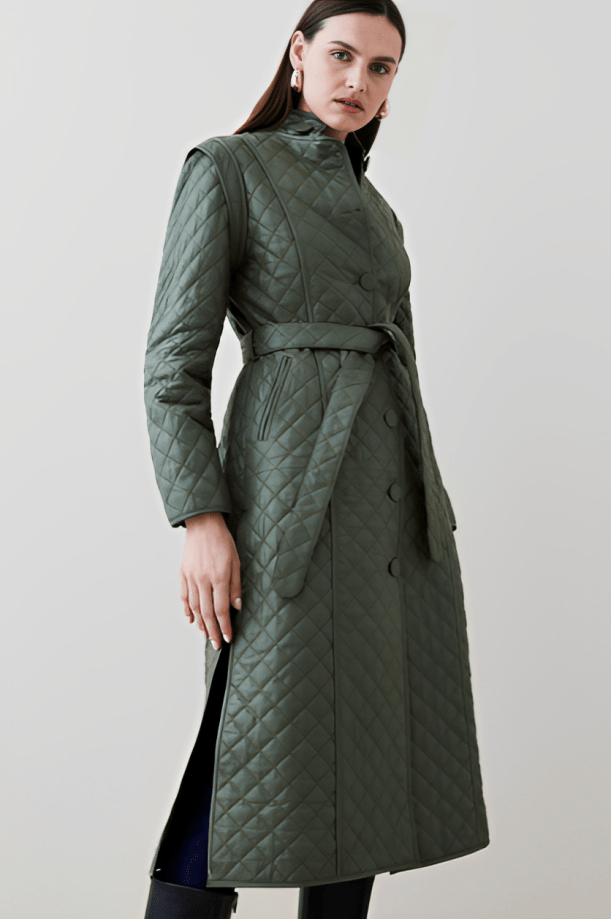 Women's Olive Quilted Leather Trench Coat