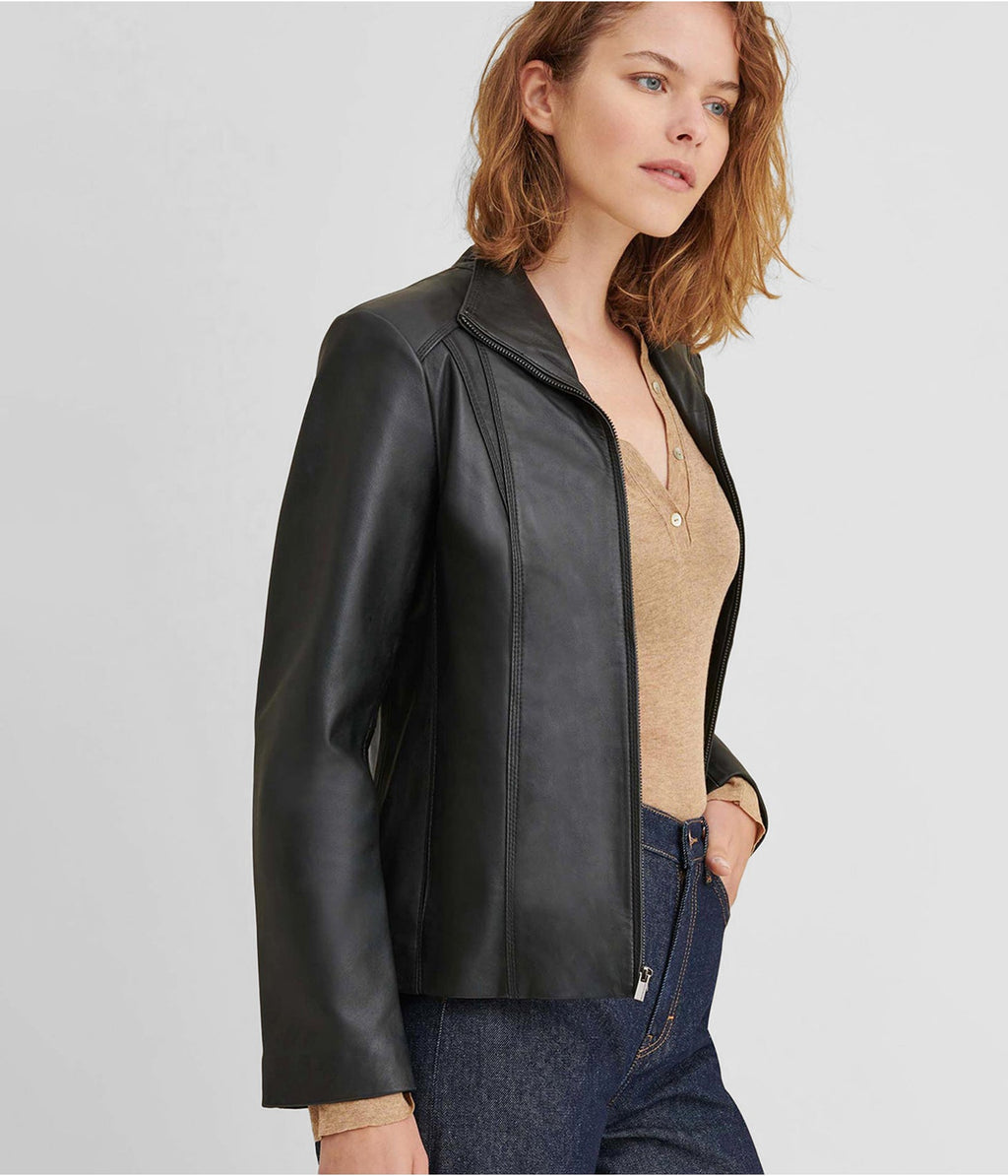 Women's Black Leather Scuba Jacket