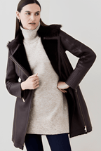 Women's Dark Brown Shearling Leather Coat with Elegant Design