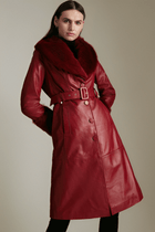 Women's Red Shearling Leather Coat with Fur Collar and Elegant Design