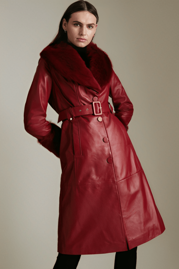 Women's Red Shearling Leather Coat with Fur Collar and Elegant Design