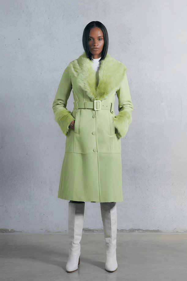 Women's Lime Green Shearling Leather Trench Coat with Chic Design