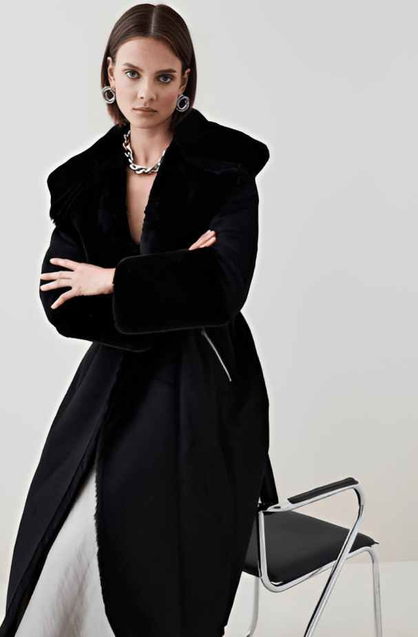 Women's Black Suede Leather Shearling Coat with Fur Collar