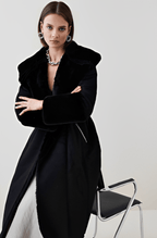 Women's Black Suede Leather Shearling Coat with Fur Collar