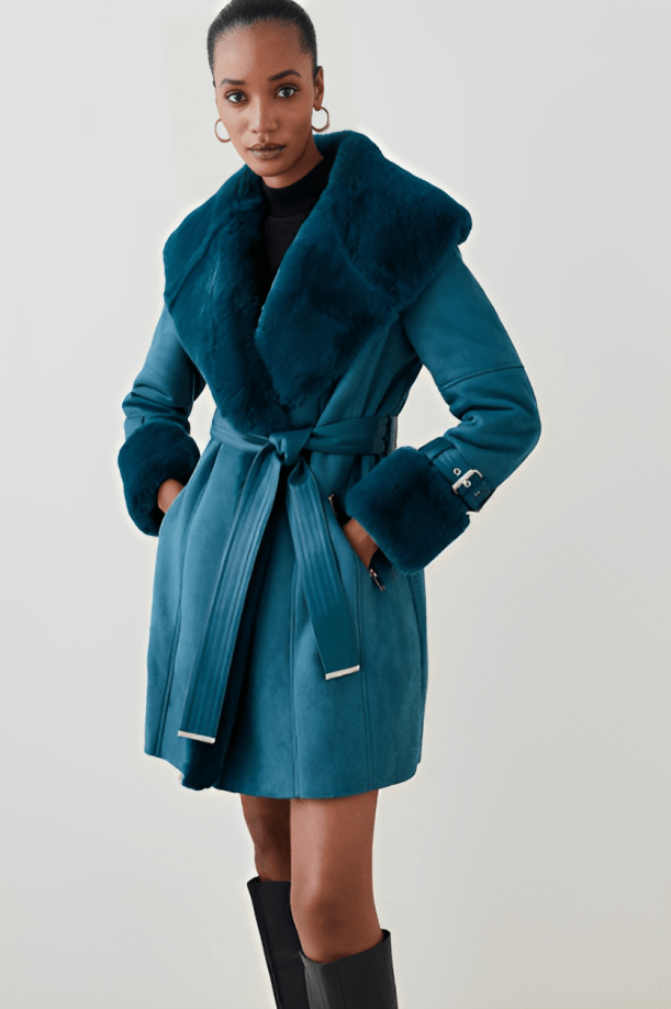 Women's Royal Blue Suede Leather Shearling Coat with Elegant Design