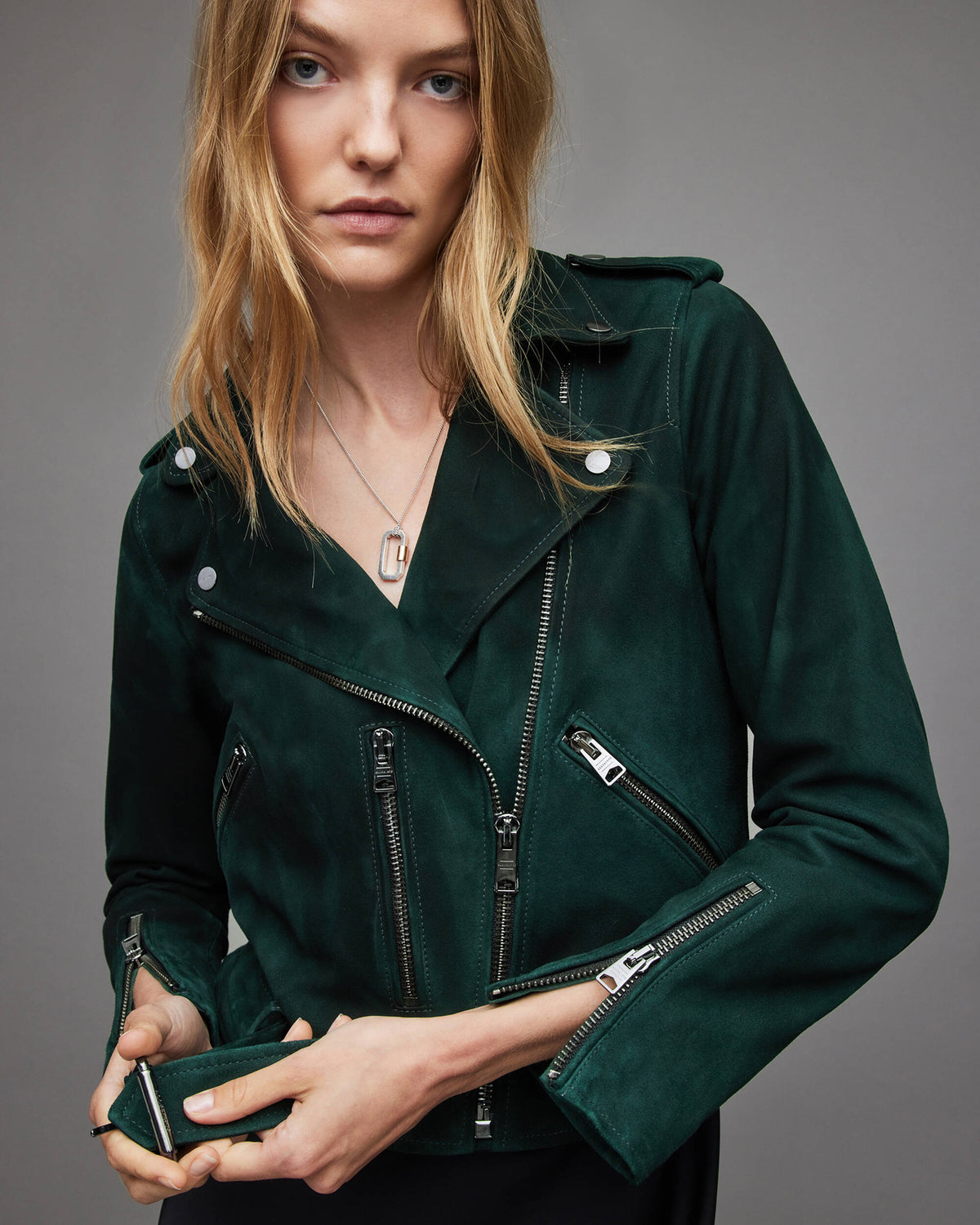 Women's Royal Green Suede Biker Leather Jacket With Belt