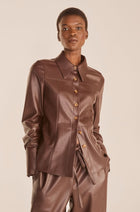 Women's Chocolate Brown Leather Shirt with Gold Buttons and Tailored Fit