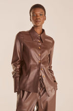 Women's Chocolate Brown Leather Shirt with Gold Buttons and Tailored Fit