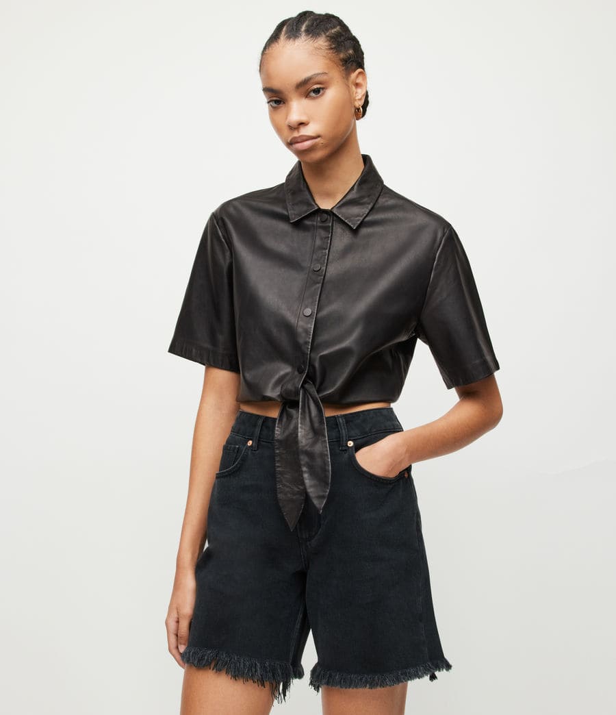 Women's Black Cropped Leather Shirt with Modern Fit