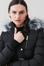 Women's Black Puffer Jacket with Fur Hood - Sleek and Cozy