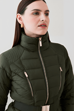 Women's Khaki Green Puffer Jacket with Belt - Stylish and Warm