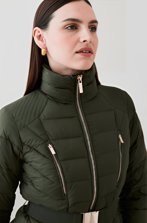 Women's Khaki Green Puffer Jacket with Belt - Stylish and Warm