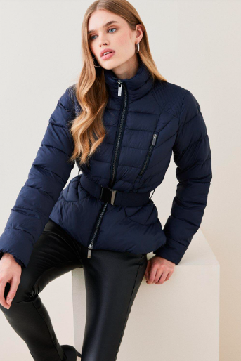 Women's Navy Blue Puffer Jacket with Belt - Chic and Cozy