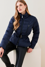 Women's Navy Blue Puffer Jacket with Belt - Chic and Cozy