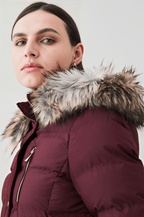 Women's Ox Red Puffer Jacket with Fur Collar - Bold and Cozy