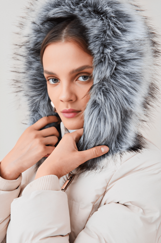Women's Beige Puffer Jacket with Fur Hood - Chic and Cozy
