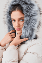 Women's Beige Puffer Jacket with Fur Hood - Chic and Cozy
