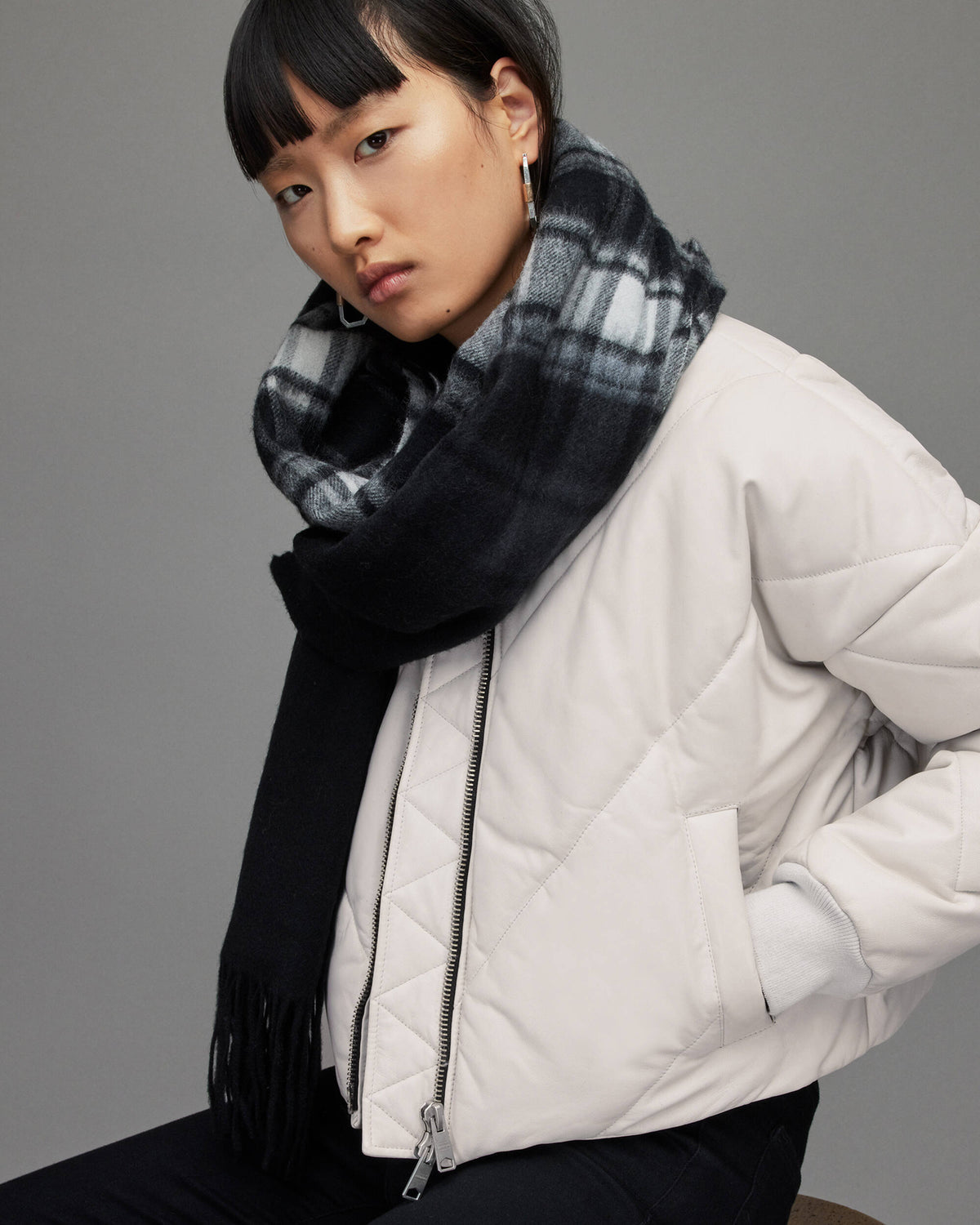 Women's White Puffer Leather Jacket - Elegant and Cozy