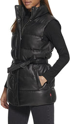 Women's Black Puffer Leather Vest with Belt