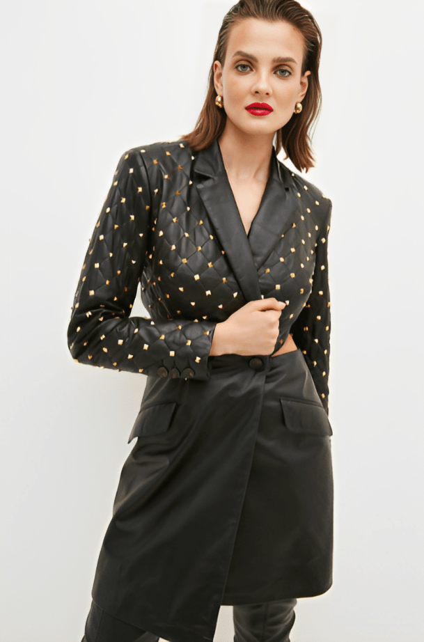 Women's Black Quilted Studded Leather Blazer - Chic and Edgy