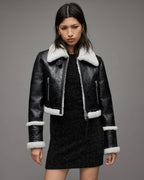 Women's Black Crackle Texture Shearling Leather Jacket - Edgy and Warm