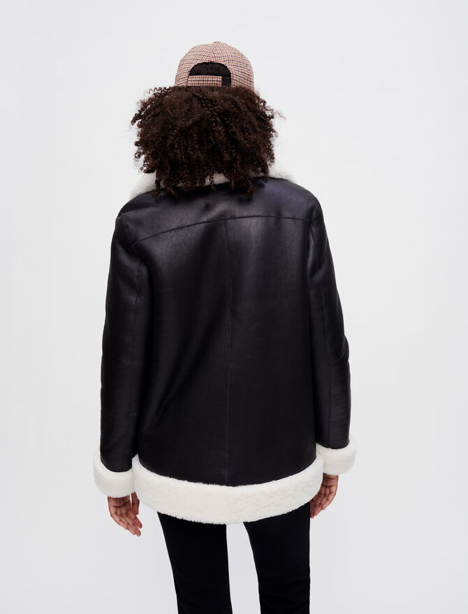 Women's Black Shearling Leather Jacket - Sleek and Warm