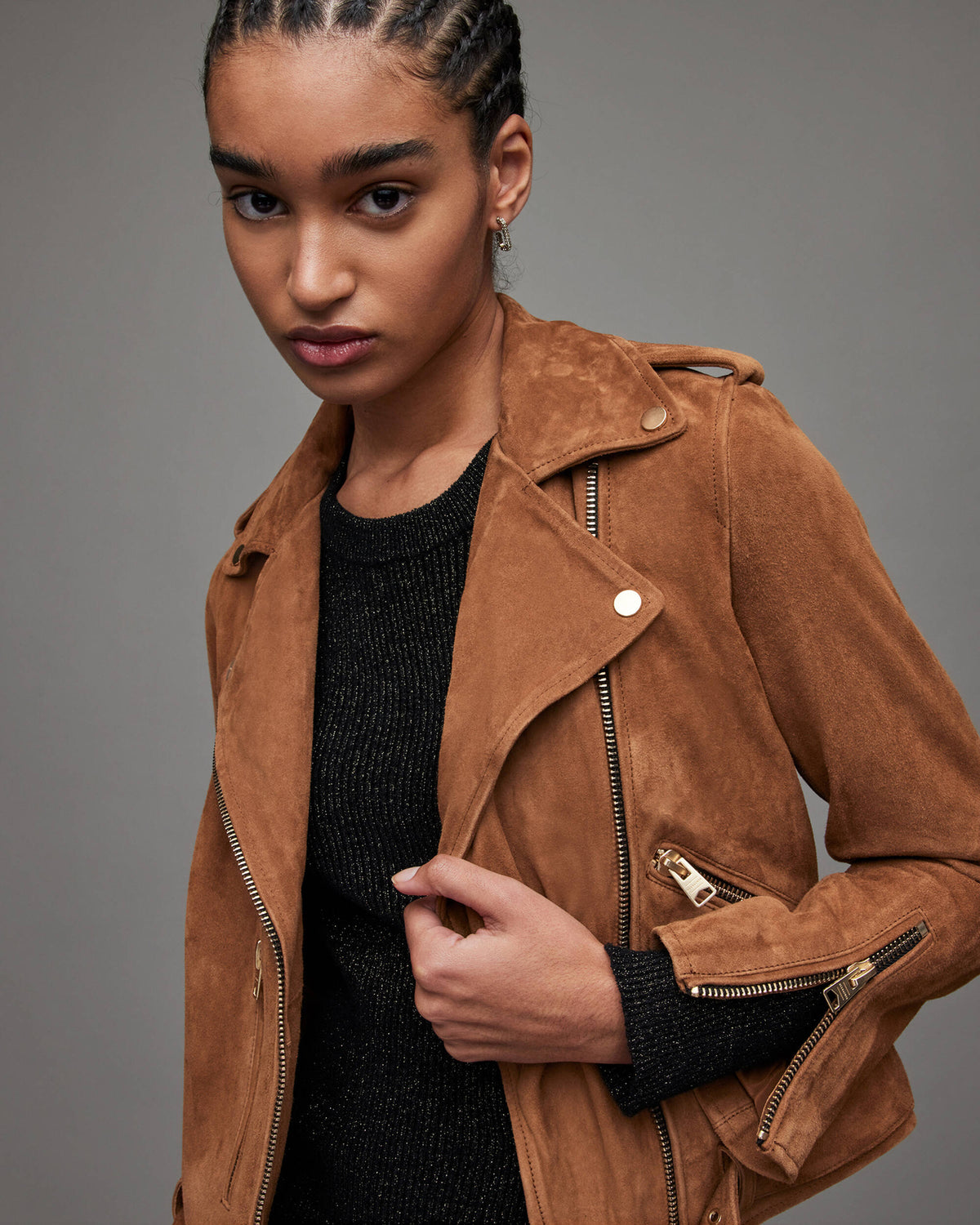 Women's Tan Brown Suede Leather Biker Jacket with Belt – Chic & Versatile