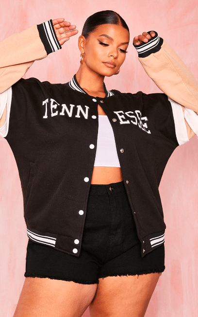 Women's Black Varsity Bomber Leather Jacket with Pink Sleeves - Trendy and Bold