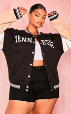 Women's Black Varsity Bomber Leather Jacket with Pink Sleeves - Trendy and Bold