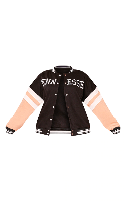 Women's Black Varsity Bomber Leather Jacket with Pink Sleeves - Trendy and Bold