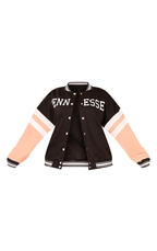 Women's Black Varsity Bomber Leather Jacket with Pink Sleeves - Trendy and Bold