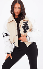 Women's Beige Varsity Bomber Leather Jacket with White Sleeves - Elegant and Trendy
