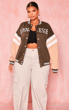 Women's Brown Varsity Bomber Leather Jacket with Pink Sleeves - Stylish and Unique