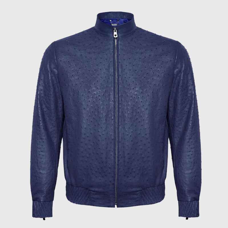 Blue Ostrich Leather Zip Up Biker Jacket