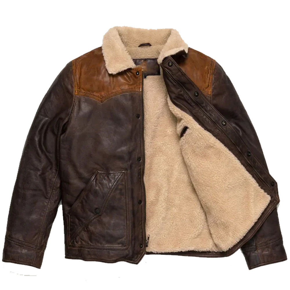 Men Sheepskin Double Tone Brown Sherpa Western Leather Jacket