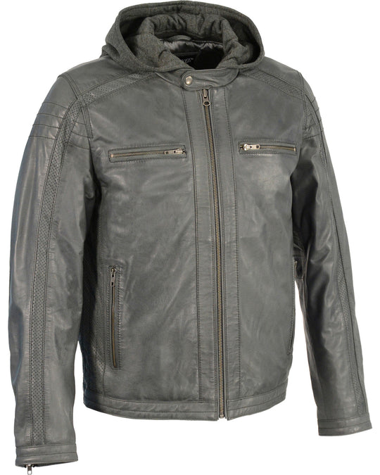 Men's MotoFashion Zipper Front Leather Jacket w/ Removable Hood
