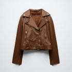 New women's Brown Cowhide Motorcycle Leather Biker Jacket