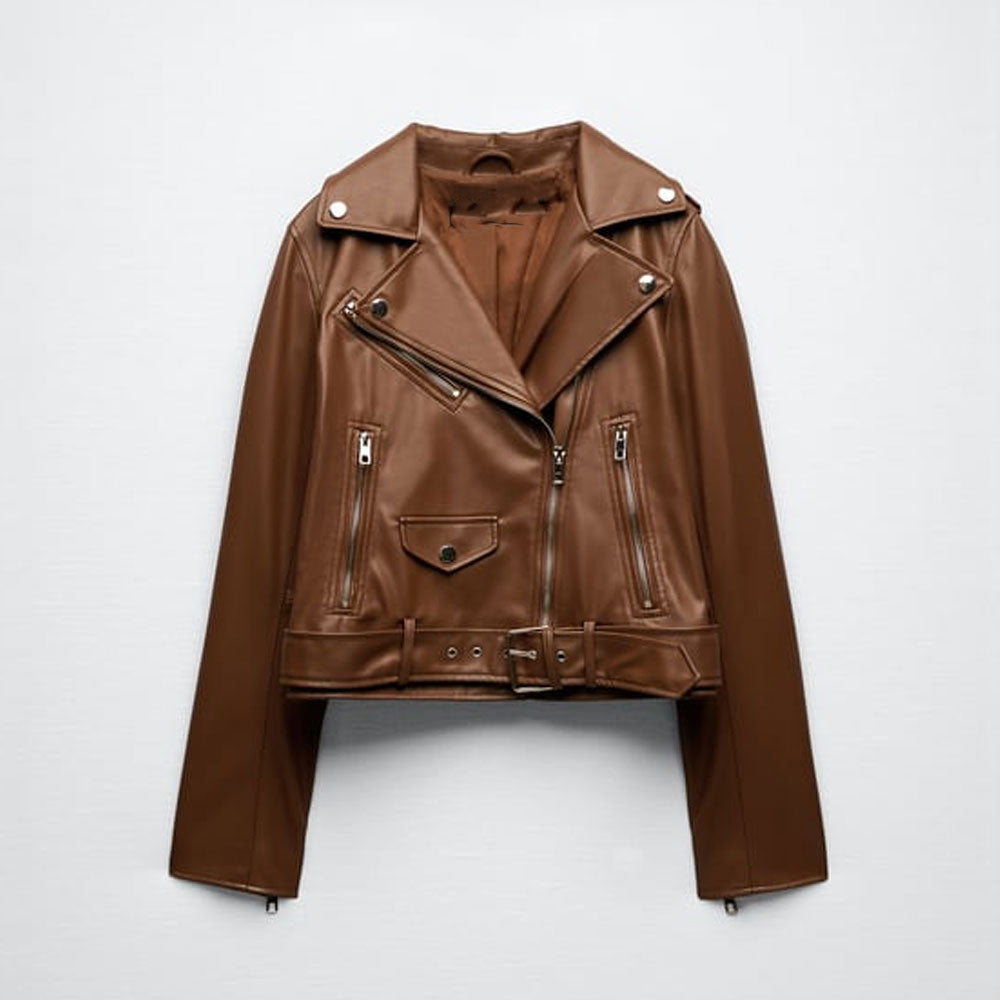 New women's Brown Cowhide Motorcycle Leather Biker Jacket