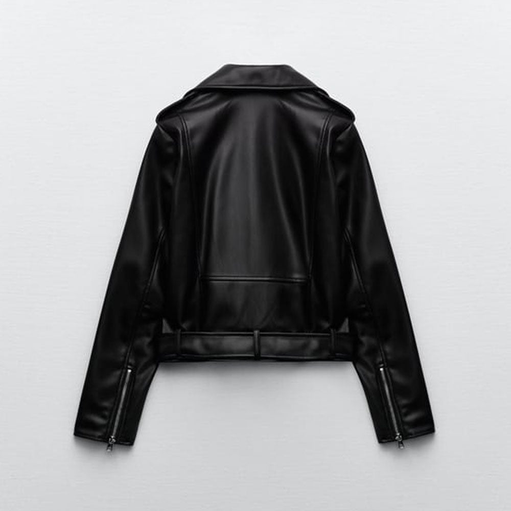 Black Women's Sheepskin Motorcycle Biker Leather Jacket