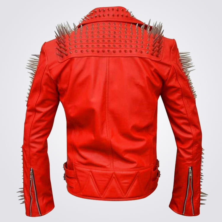 Biker Red Leather Fashion Jacket with Studs