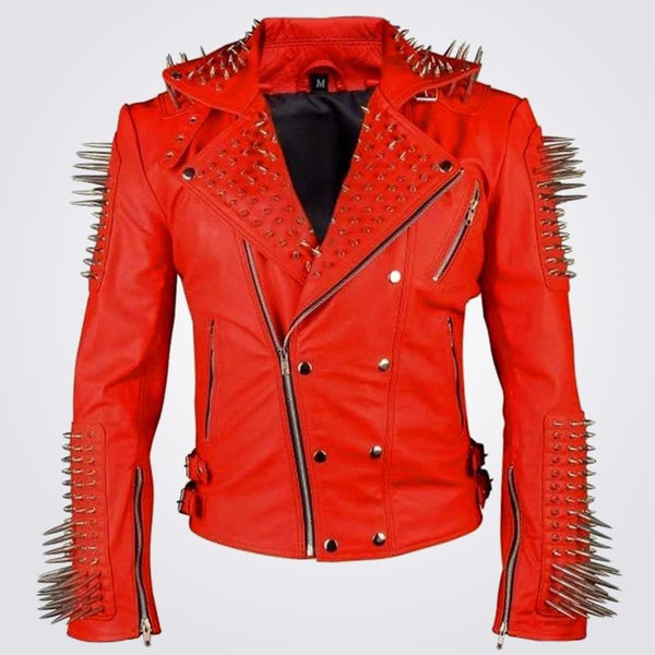 Men’s Red Studded Biker Leather Fashion Jacket