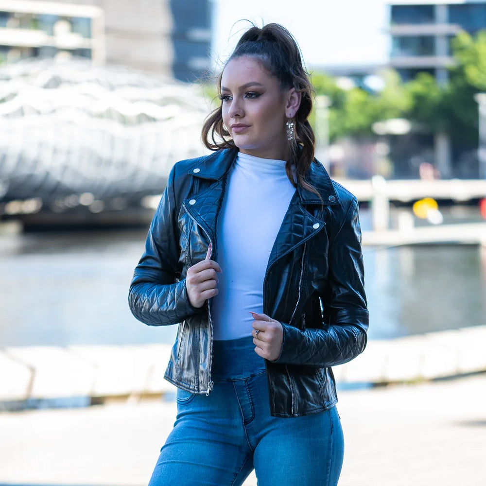 Black Sheepskin Motorcycle Aviator Biker Leather Jacket For Women