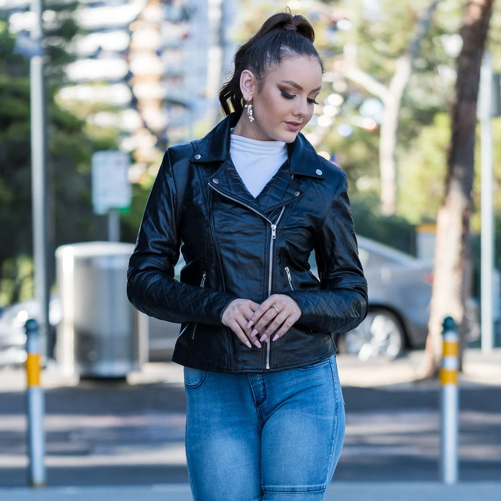 Black Sheepskin Motorcycle Aviator Biker Leather Jacket For Women