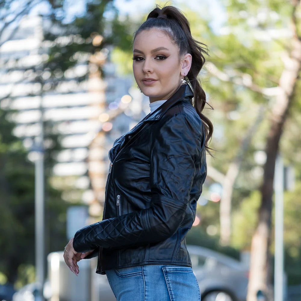 Black Sheepskin Motorcycle Aviator Biker Leather Jacket For Women