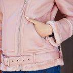 New Women Soft Pink Sheepskin Motorcycle Faux Leather Biker Jacket