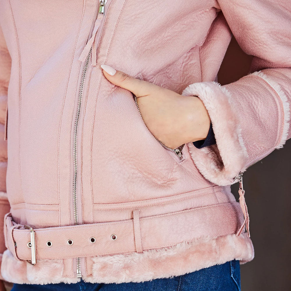 New Women Soft Pink Sheepskin Motorcycle Faux Leather Biker Jacket