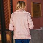 New Women Soft Pink Sheepskin Motorcycle Faux Leather Biker Jacket
