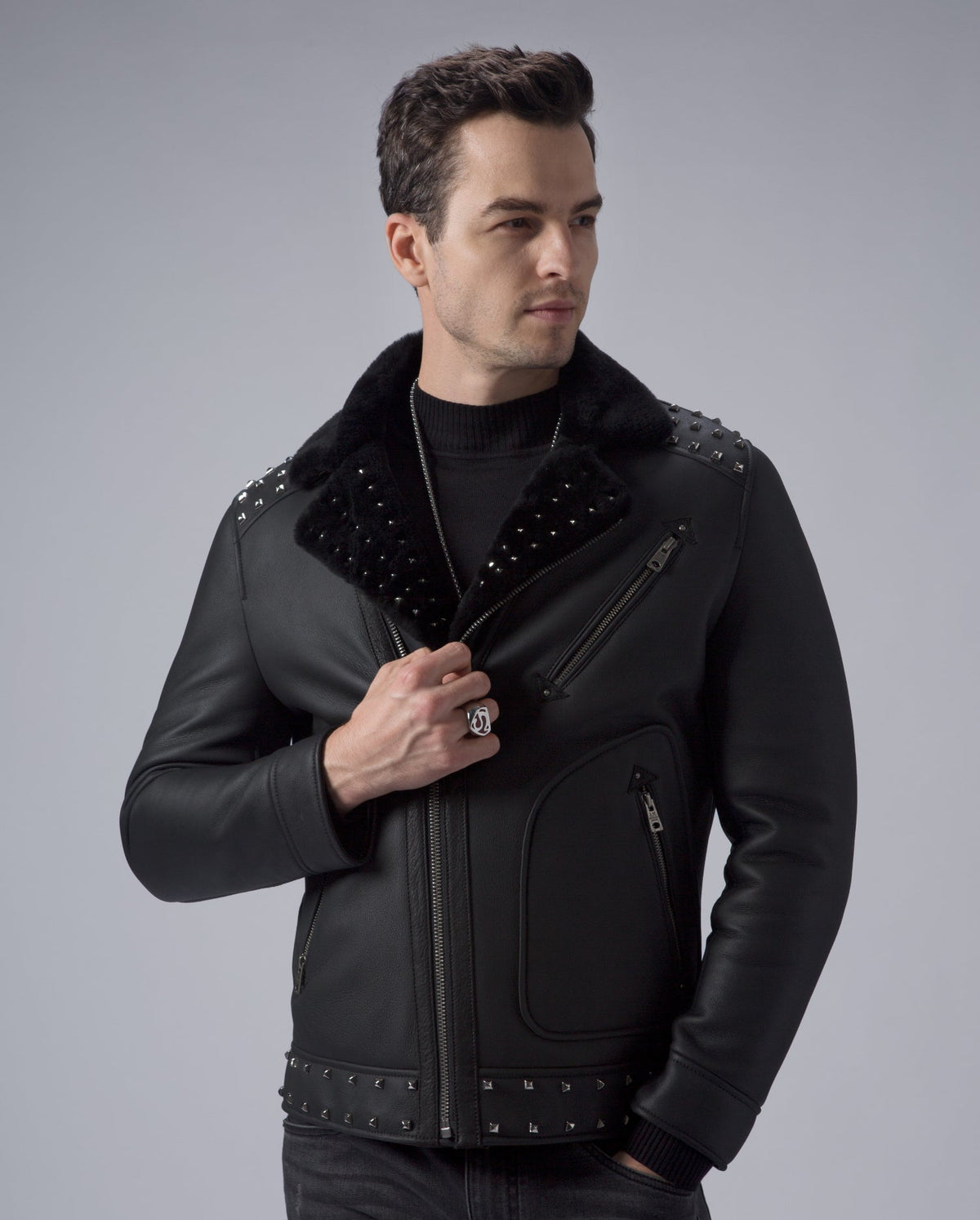 Black Biker Studded Real Shearling Sheepskin Leather Jacket