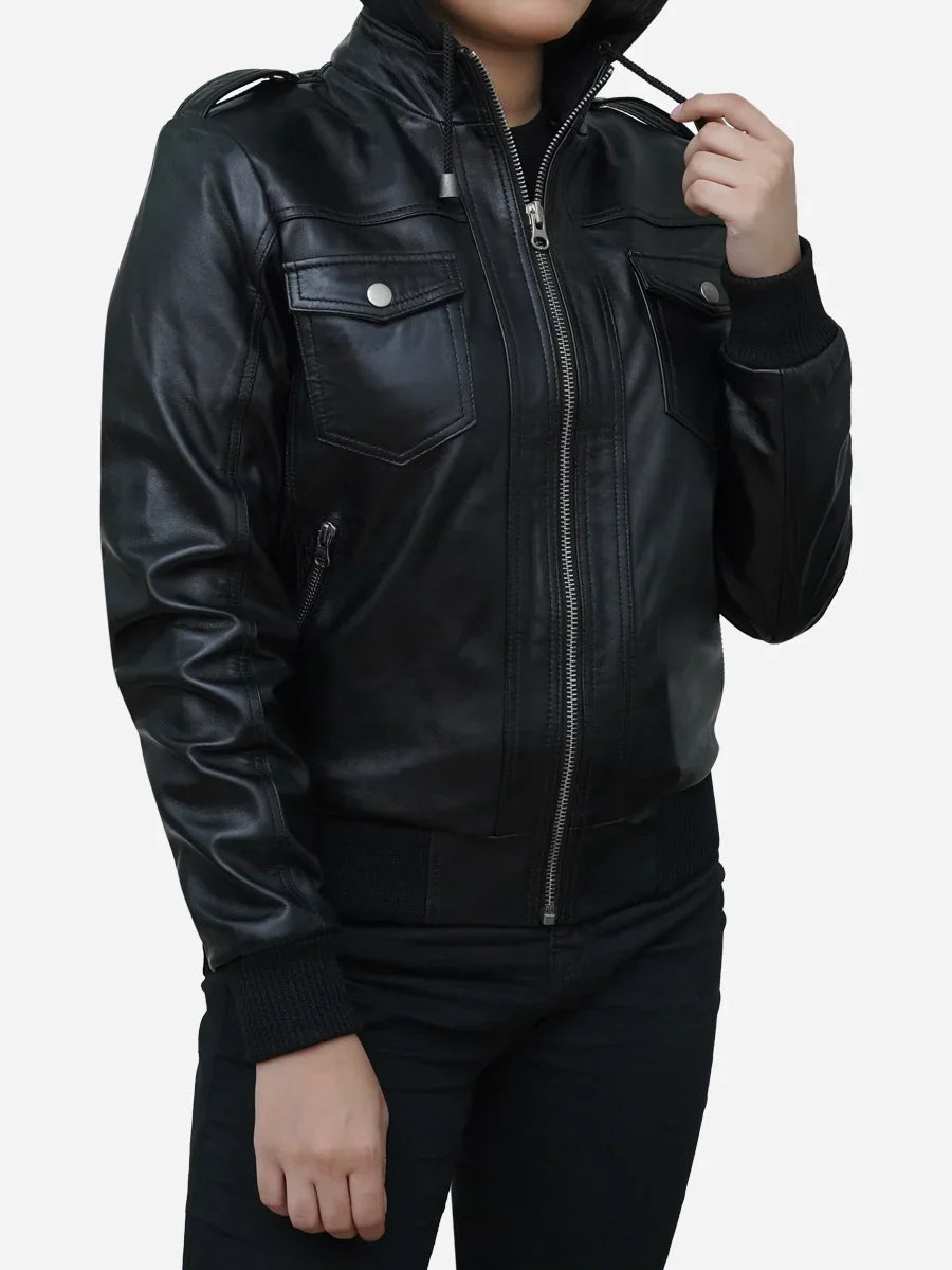Womens Black Bomber Leather Jacket