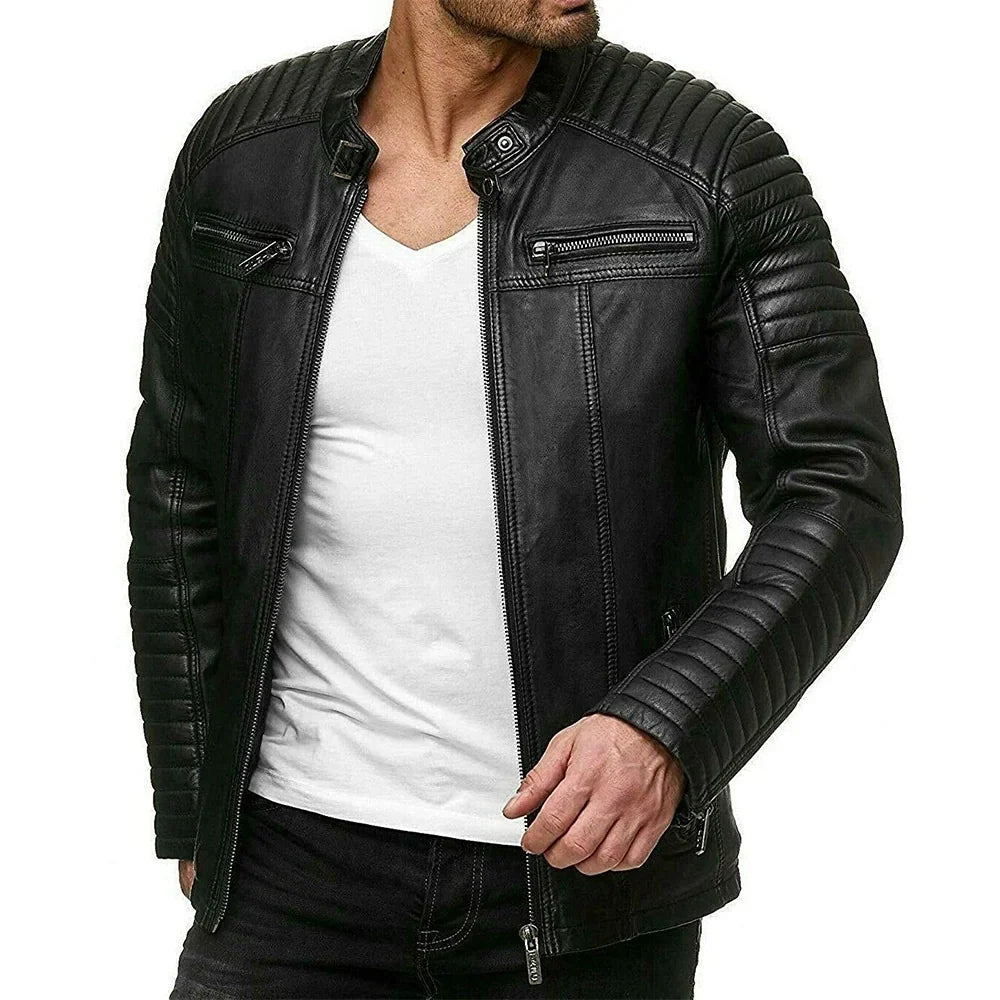 Men’s Vintage Motorcycle Cafe Racer Retro Distressed Leather Jacket
